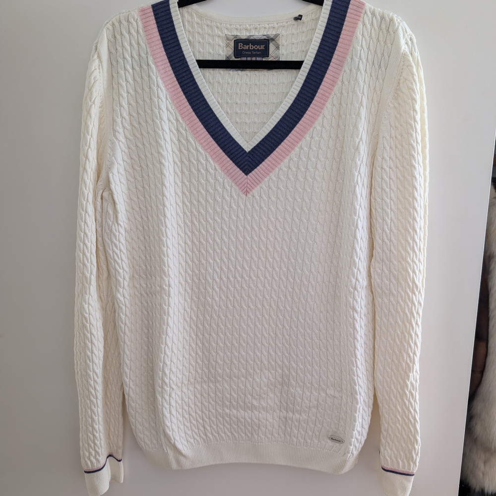 Barbour Women's V-Neck Sweater - White with Pink and Blue Trim